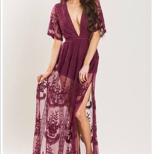 Honey punch mauve maxi lace overlay romper